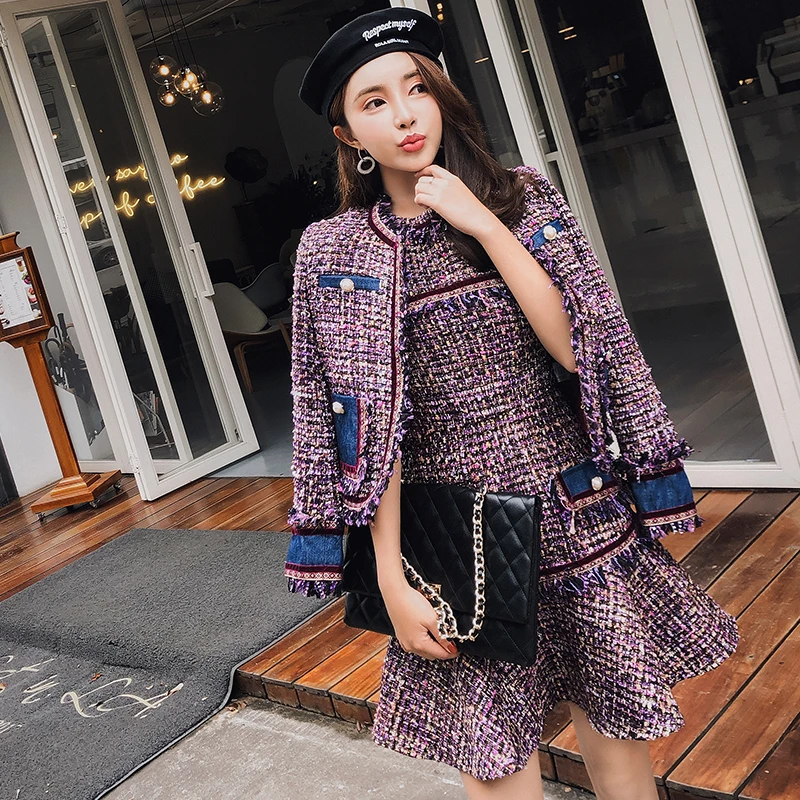 

High quality Luxury Designer Runway Jackets Coats 2019 AutumnWomen's Round neck long slee Fashion Tweed tassels Jacket