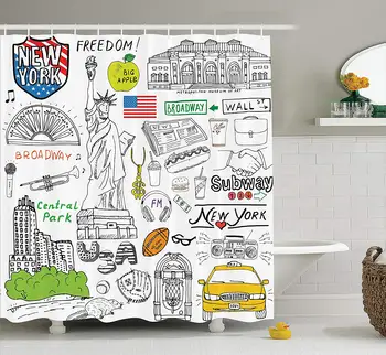 

American New York City Culture Metropolitan Museum Broadway Crossroad Wall Street Sketch Style Bathroom Shower Curtain Set White
