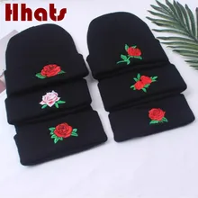 Черный с вышивкой роз осень skullies шапочка Женщины сшитые цветок Весенняя вязаная шапка женская мода цветочный капот тюрбан