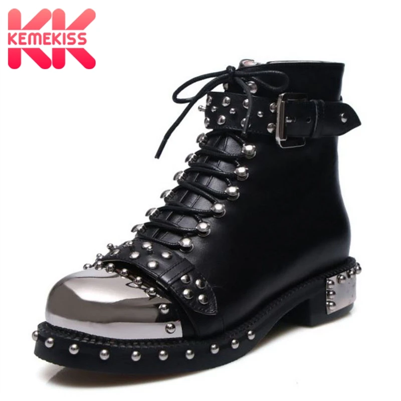 

KemeKiss Brand Design Genuine Leather Large Size 34-43 Rpunk Style fashion Boots Black White Buckles Women Shoes Women