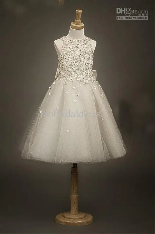 Wholesale - Hot Sale Ivory Handmade Flower Beads Tulle Bow Girl Dress Girl's Party Children's Gown | Свадьбы и торжества