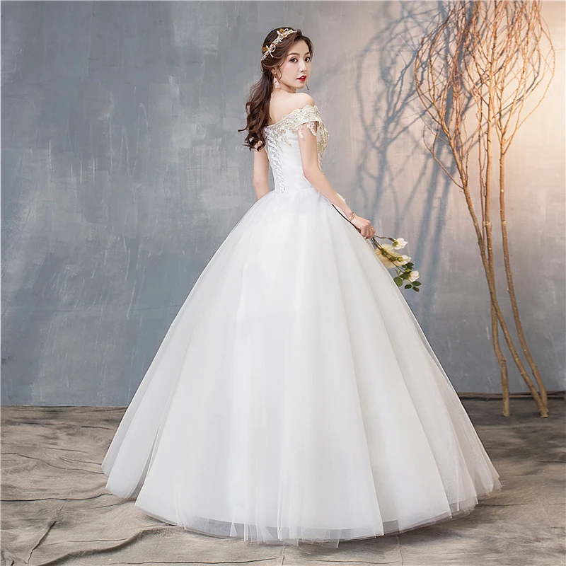 US $49.57 Fashion New Arrival Wedding Dress Gold Lace Embroidery Boat Neck Off The Shoulder Ball Gowns Princess Brides Custom Plue Size 72