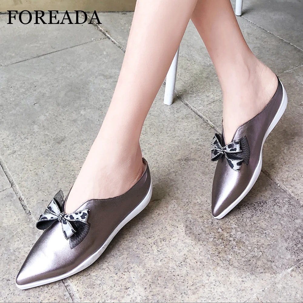 

FOREADA Women Mules Shoes Summer Slippers Natural Genuine Leather Wedges Heel Shoes Bow Pointed Toe Slides Lady Gold Size 34-39