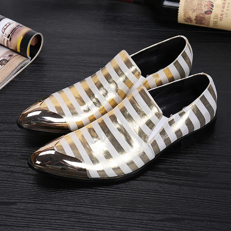 

zapatos de hombre gold red mens italian leather dress shoes striped round metal toe slip on smoking slippers laofers flats male