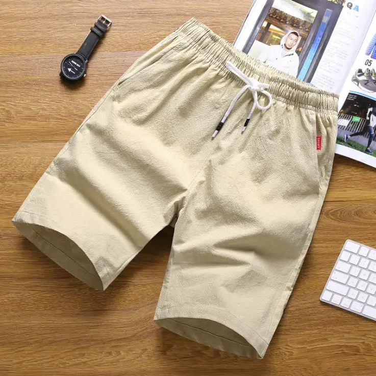 High quality 2019 summer Casual cotton linen Elastic Waist men flax loose sand beach trousers Solid shorts Men Plus Size 4XL