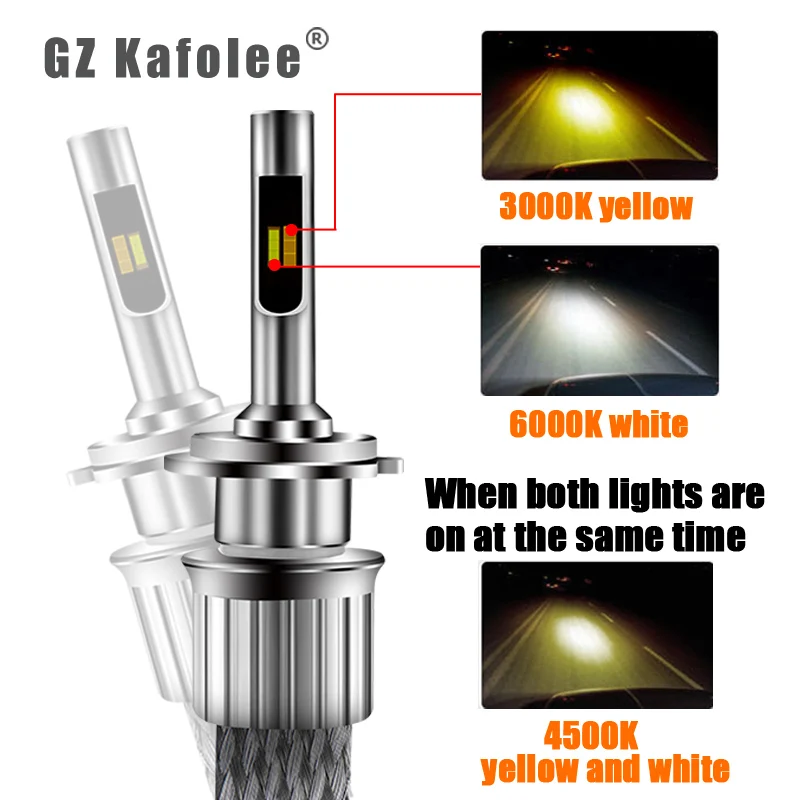 GZ KAFOLEE триколор h7 светодиодные 6000 K 3000 K 4300 K H11 светодиодными лампами Авто противотуманных фар H1 H4 H9 h7 светодиодные 12000lm 9005 9006 D1S автомобильные лампы для передних фар - Испускаемый цвет: Tricolor light