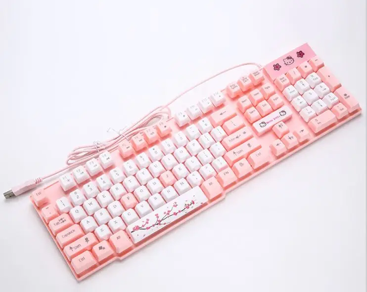 

Pink Hello Kitty USB Wired Gaming Keyboard Three Color Cute Cartoon 104 Keys KT Cat Desktop Laptop Computer Keyboard For Girls