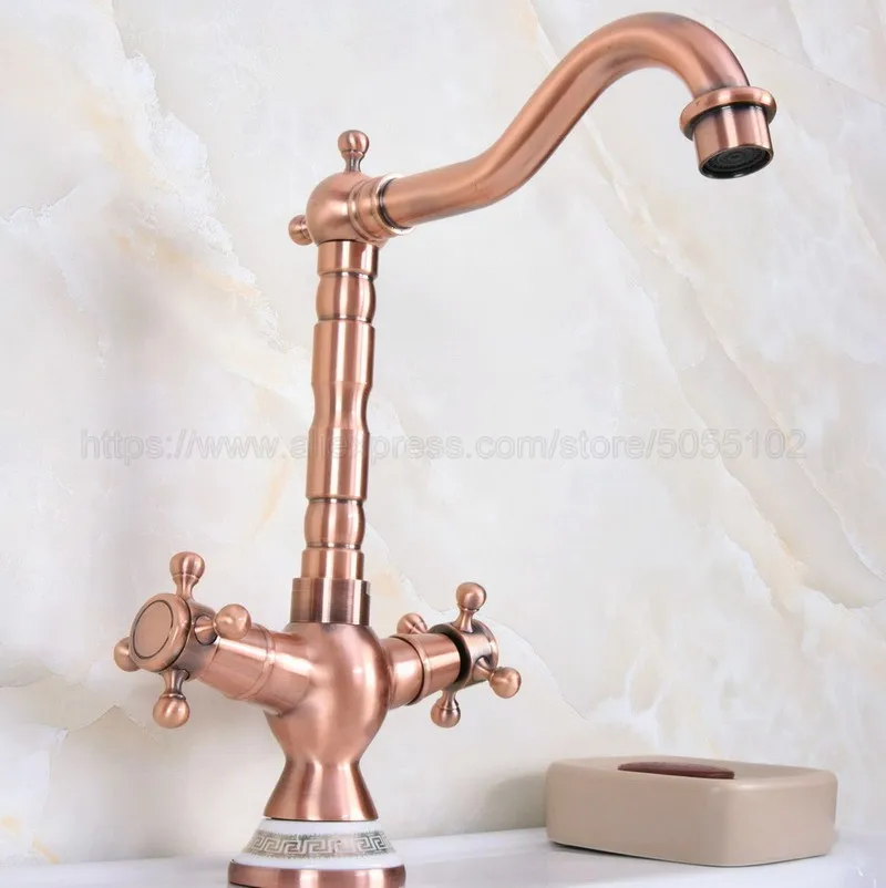 Antique Red Copper Bathroom Sink Faucet Basin Mixer Tap Double Cross Head Handle Hot and Cold Water Mixer Tap znf619