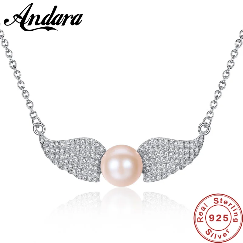 Authentic 925 Sterling Silver Angel Wings Clear CZ Necklaces Exquisite Pearl Pendant Necklace Luxury Jewelry Gift | Украшения и