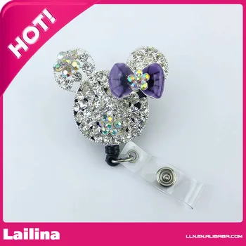 

Clear Rhinestone Dot Purple Bow Minnie Mouse Head Retractable Black Badge Reel/ID Badge Holder/Pendant/Id Badge Holder