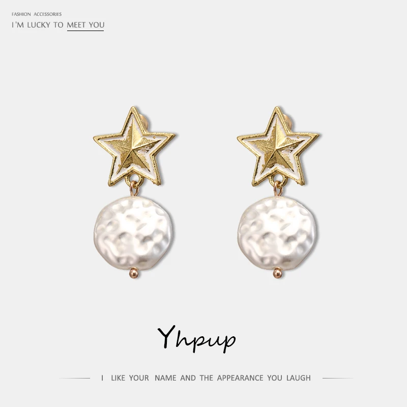 

Yhpup New Statement Baroque Pearls Zinc Alloy Dangle Earrings Star Geometric Zinc Alloy Brincos for Female Elegant Jewelry Gift