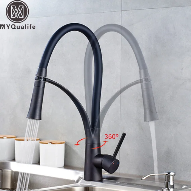 Special Offers Black Kitchen Faucet Pull-Down Sprayer 360 Rotation Kitchen Mixer Tap Bathroom Vessel Sink Faucet Black Rubber Single Handle