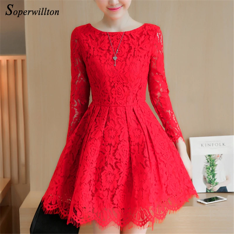 

Autumn Long Sleeve Elegant Lace Dress Women Short Party Dresses 2018 Red Black Casual Female Sun Dress O Neck A Line vestidos Q#