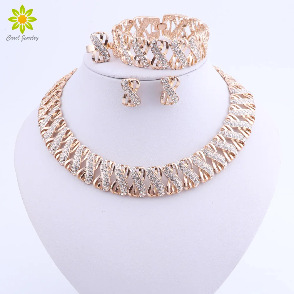 

Nigerian Wedding African Beads Zinc Alloy Jewelry Sets Dubai Jewelry Sets Gold Color Necklace Bracelet Earrings Ring Sets