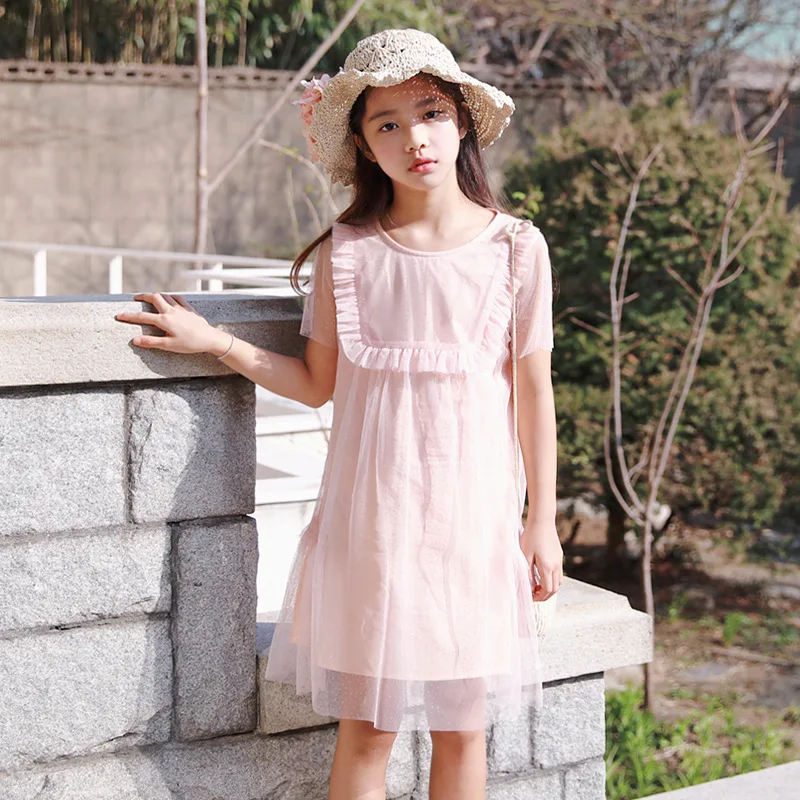 

2019 New Korean Style Girls Summer Dress Pink O-neck Lace Mesh Short Sleeve Dresses Girls Dresses Age 13 Party Princess Dress