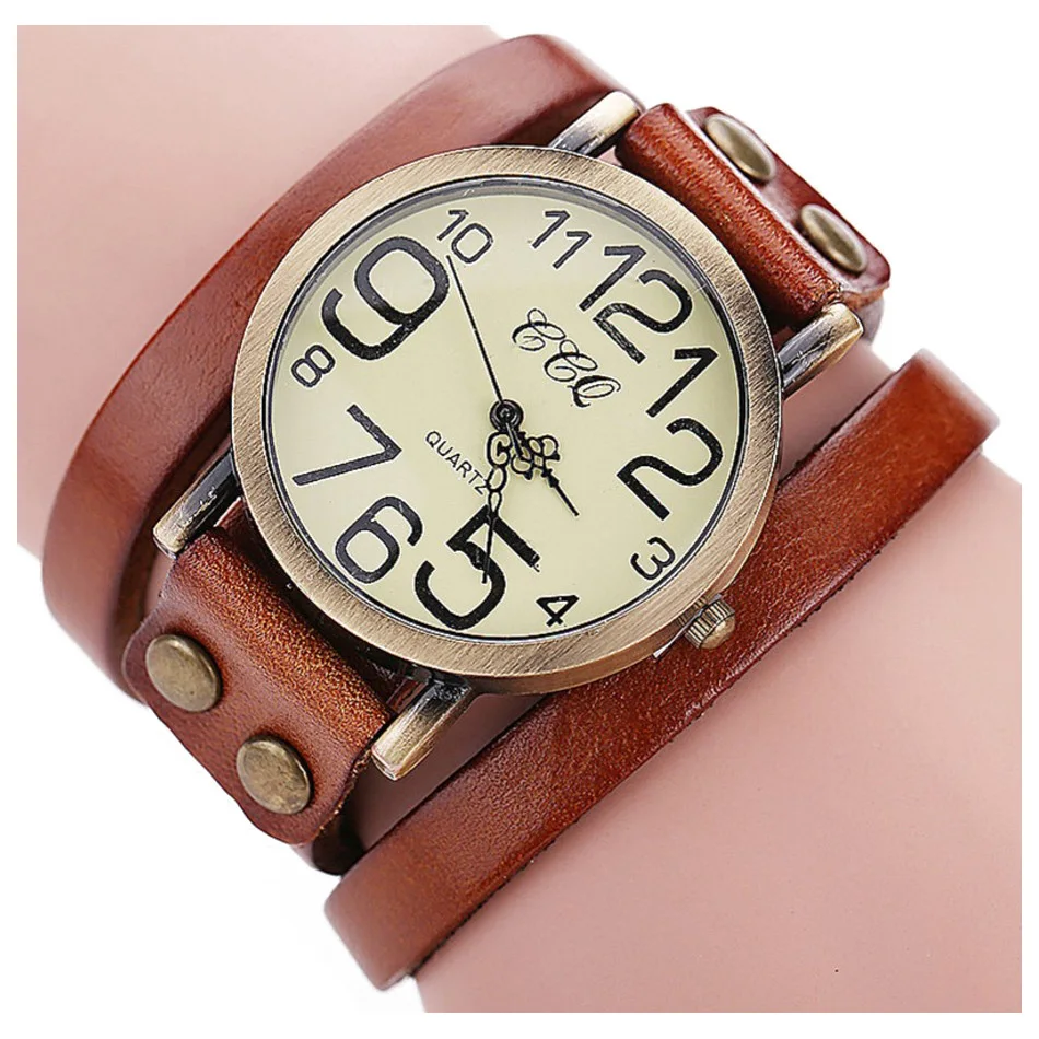 

Practical Womens Imitation Leather Watches Retro Punk Wrap Bracelet Watch Quartz WristwatchColour:Light coffee