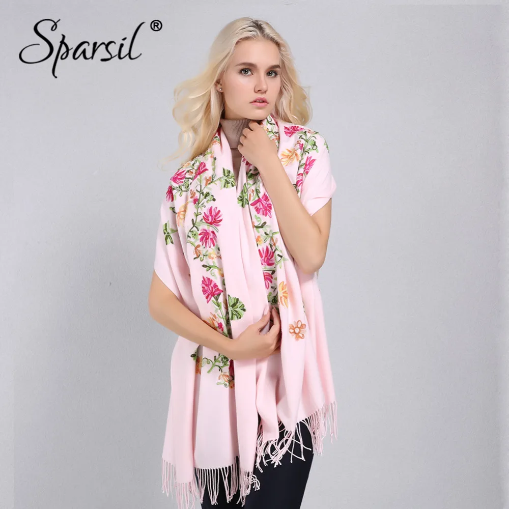 

Sparsil Women Winter Cashmere Scarves Embroidery Flowers Tassel Shawls Long Big Size 200*70cm Wraps Lady Pashmina Elegant Scarf