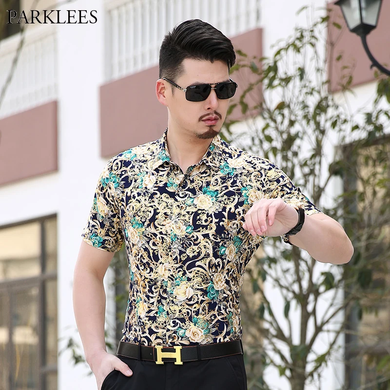 Green Floral Shirt Men Brand New Gold Bronzing Mens Dress Shirts ...