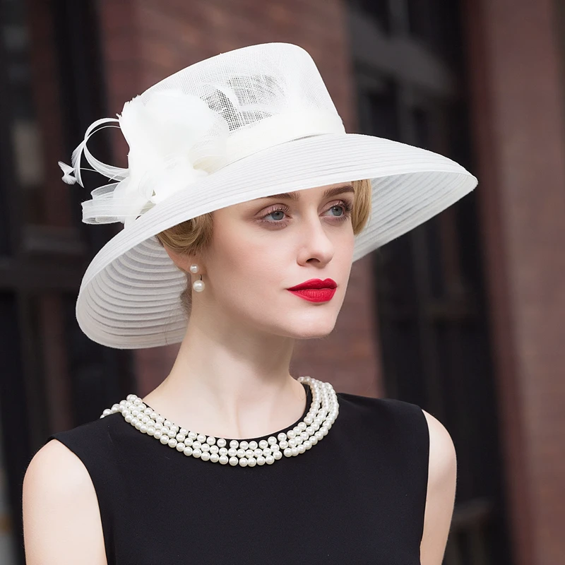 Mujeres blanco Floral Cap verano grande de ala ancha de lino Kentucky Derby sombreros mujeres Iglesia Cap Chapeau Mariage Dame boda Cap b-8156 - 1