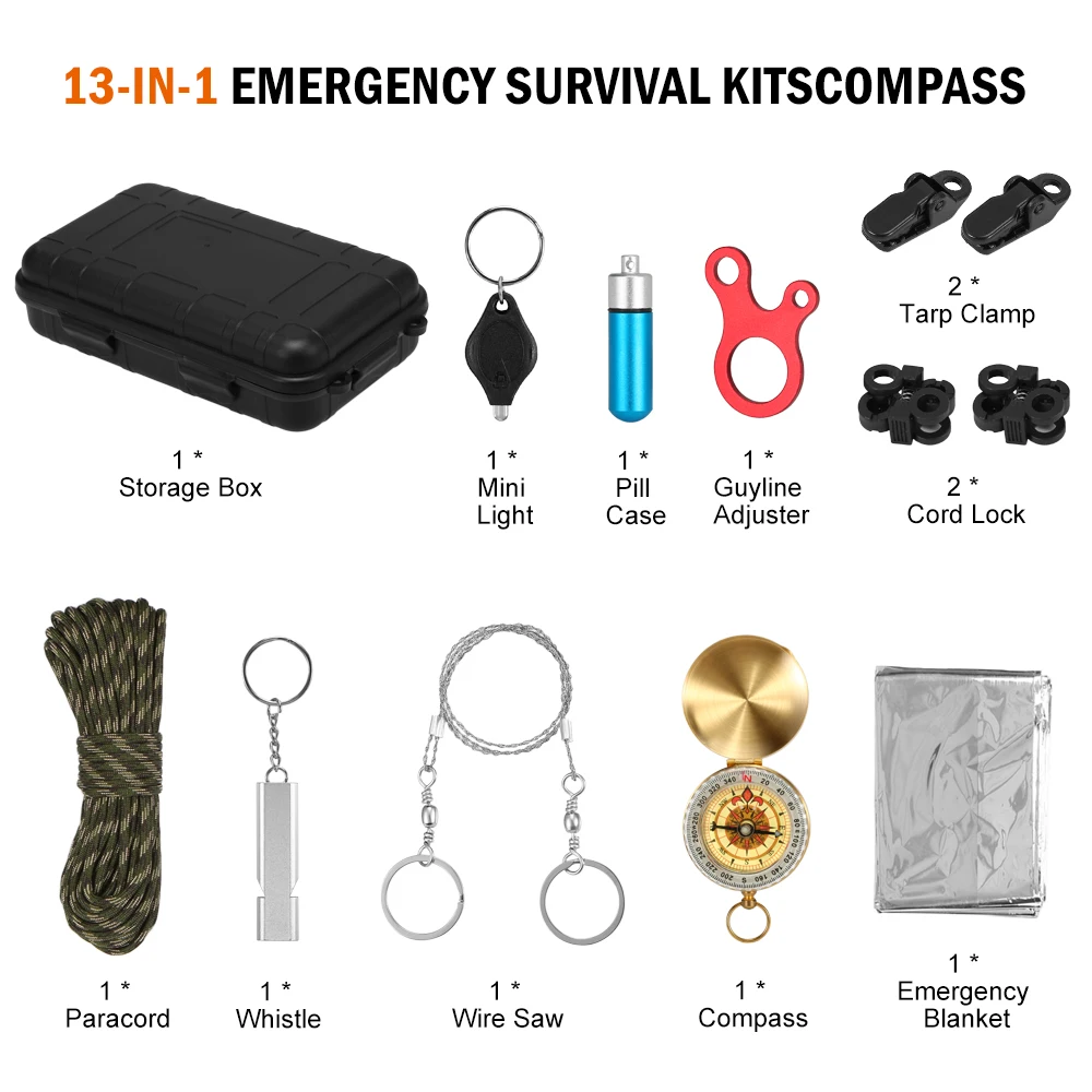 13 шт. Открытый аварийный набор инструментов для выживания для кемпинга, походов, путешествий, приключений, мини-светильник, свисток, Паракорд, замки