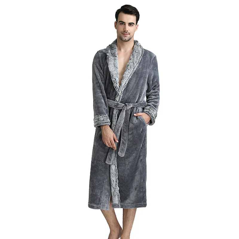 Фланелевые мужские халаты для ванной, толстые парные халаты, однотонные зимние теплые мужские халаты с длинными рукавами, открытые мужские халаты, длинные халаты DaRR1618 - Цвет: Темно-серый