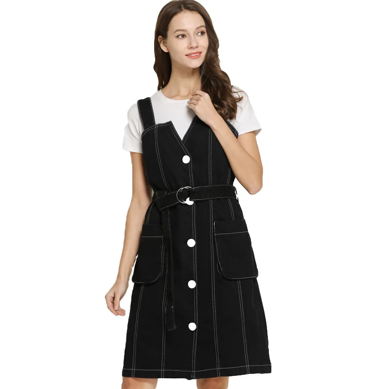 

New Fashion Women's Bib Overalls Denim Skirts Black Jeans Skirts Woman Cotton Front Button Suspender Denim Skirt