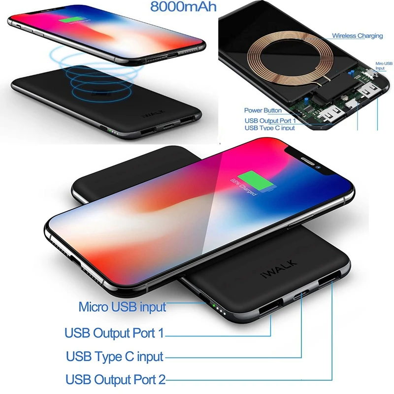 Беспроводное зарядное устройство iWalk QI, 8000 мА/ч, зарядное устройство 5 Вт для samsung Galaxy S9 Note 9, iPhone X, Xiaomi, huawei, беспроводное зарядное устройство