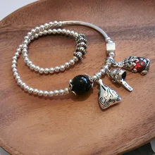 Черный красный натуральный камень весной кошка хорек оригинальные ювелирные изделия ручной работы s925 чистого серебра женский браслет