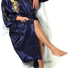 Темно-синий китайский женский атласный полиэстер Вышивка халат кимоно платье Дракон S M L XL XXL XXXL S0008