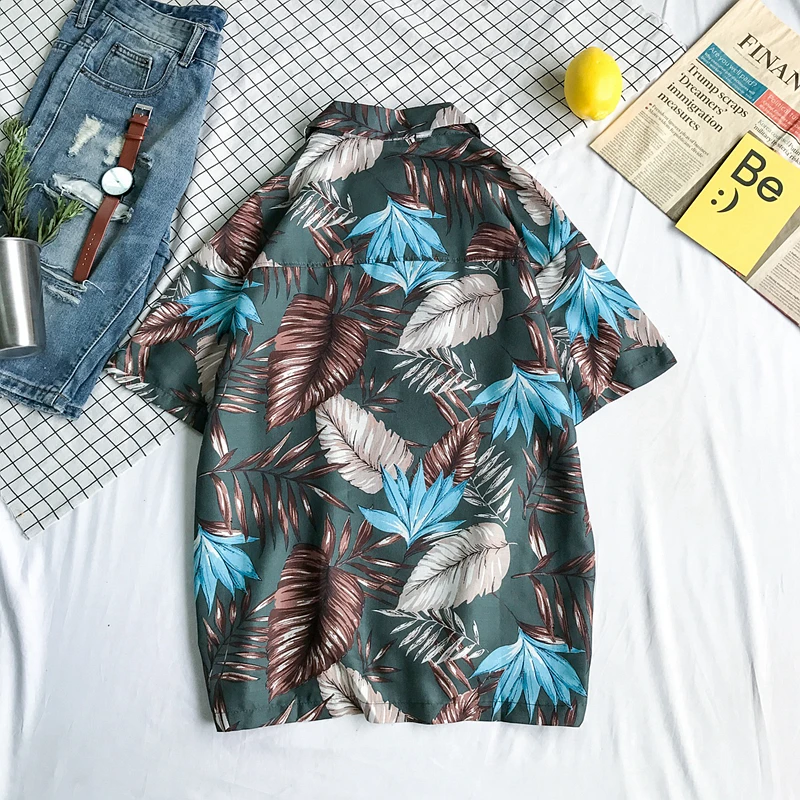 Летняя мужская модная брендовая рубашка с принтом листьев в стиле Ulzzang, шикарная мужская повседневная Гавайская пляжная рубашка для влюбленных, одежда для путешествий