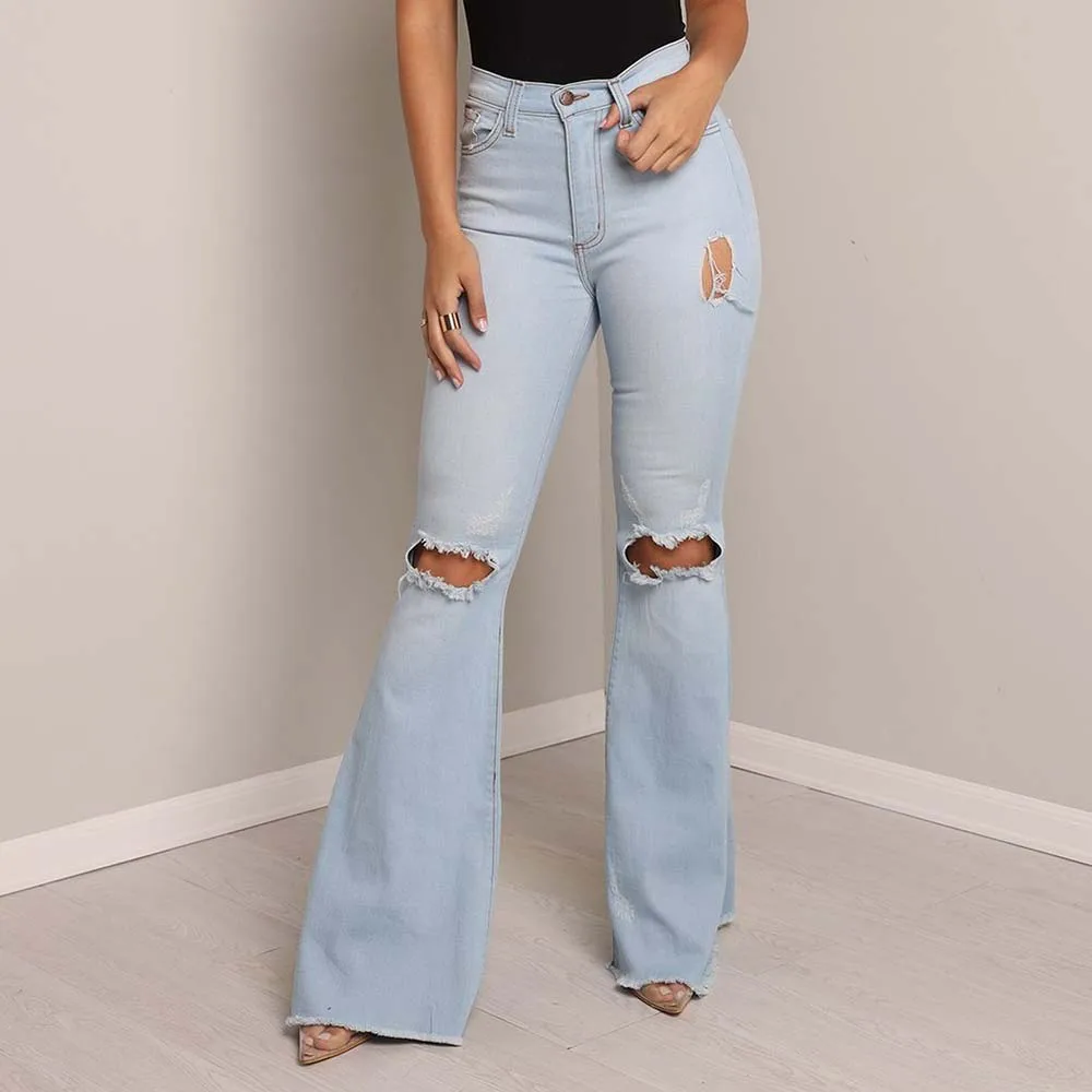 

2019 Summer High Waist Women Flare Jeans Bell Bottom Ripped Jeans for Women Wide Leg Pants Denim Mom Skinny Jeans Plus Size