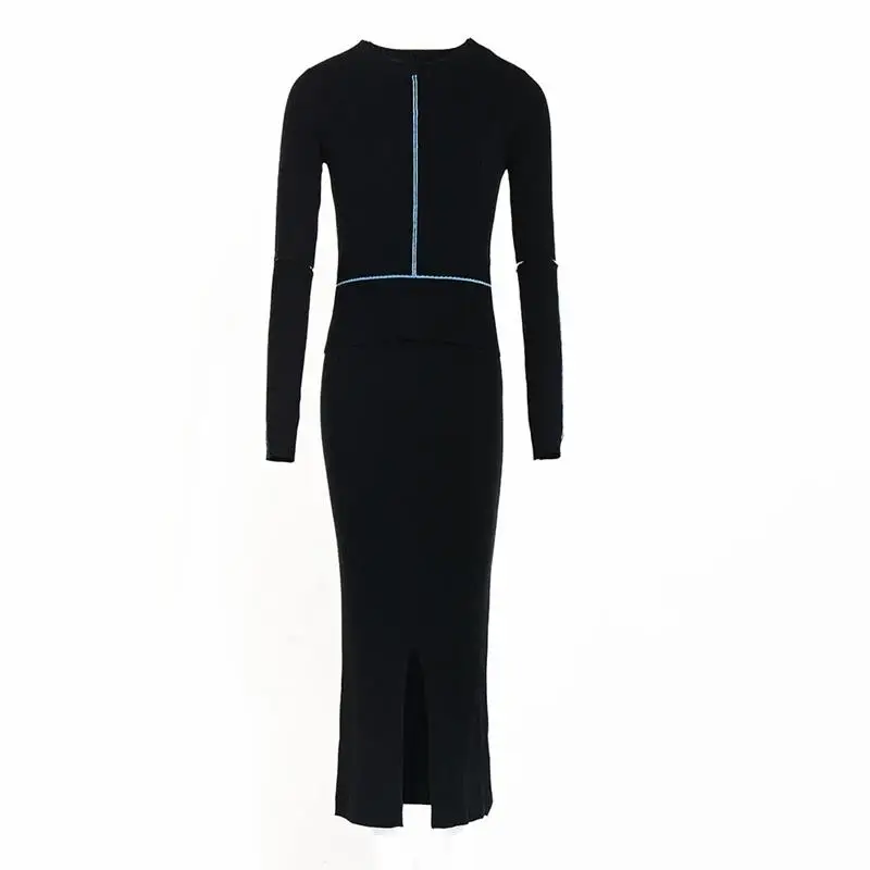 

Women Sets 2019 High Quality Runway Two Pieces Set O-Neck Half Sleeve Patchwork Sweater + Fashion Front-split Skirt NP0048J