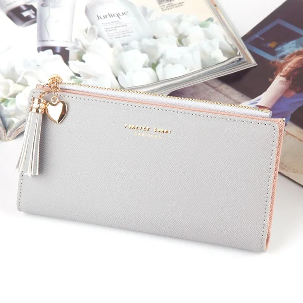 Tassel Women Wallets High Quality Designer Zipper Long Wallet Women Card Holder Ladies Purse Money Bag Carteira Feminina - Цвет: Long gray