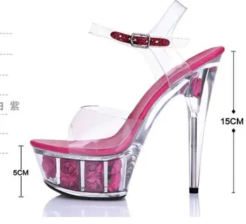 

Women Pumps 2019 Sexy Transparent Glass Slipper Woman Sandals Ultra Women High Heels Shoes 15 cm Thin Large Size 34-40 soft red