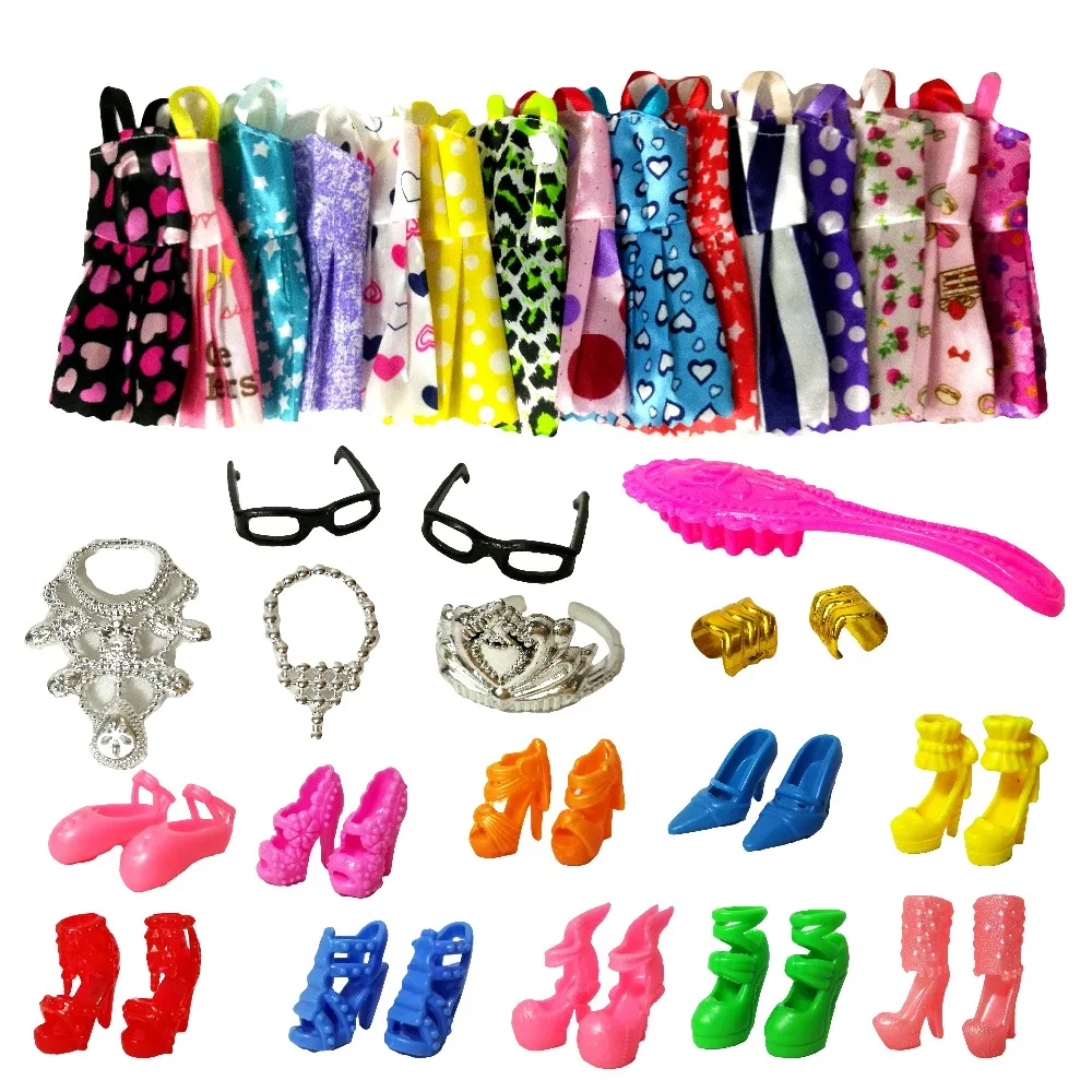 

27 Item/Pcs=12 Pcs Beautiful Party Barbie Clothes Fashion Dress+7 Plastic Necklace+8 Pair Shoes For Barbie Doll Accessories