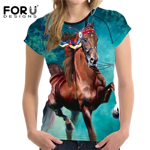 FORUDESIGNS/Синяя Женская футболка с 3D принтом лошади, женские топы с круглым вырезом, дышащие повседневные женские футболки, топы для фитнеса - Цвет: C665BV