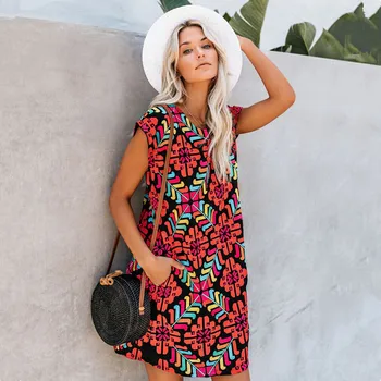 

Oufisun Boho For Women Summer Dress 2020 Casual O-neck Vacation Ladies Dresses Fashion Pocket Geometric Print Bohemia Mini Dress