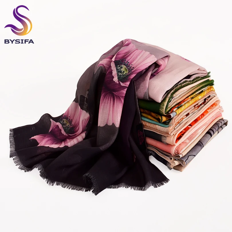 

[BYSIFA] 2018 New Women Pure Wool Scarves Fashion Flirty Poppy Purple Cashmere Scarves Lengthened Elegant Scarf Shawl Foulard