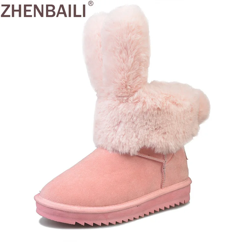 

ZHENBAILI New Winter Women Snow Shoes Slip-On Solid Flats Ankle Boots Long Warm Rabbit Ear Size 35-40 Winter Thick Boots