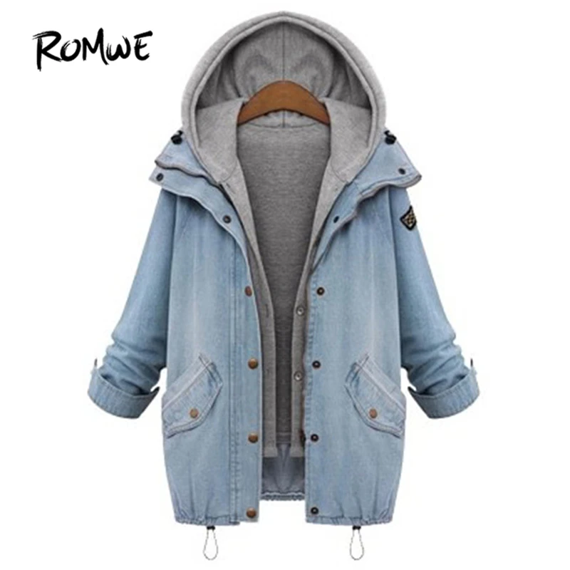 

ROMWE Hooded Drawstring Boyfriend Trends Jean Swish Pockets Two Piece Coat Blue Long Sleeve Single Breasted Denim Jacket