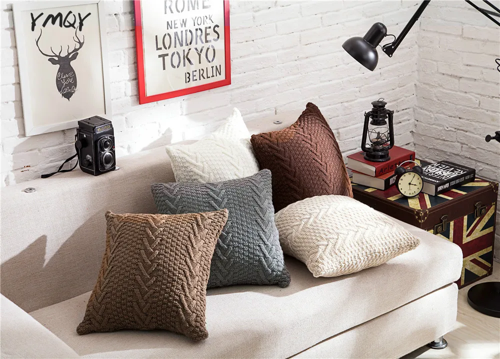 

Knitted Cushion Nordic Knitted Pillow Cable Knit Cushion Decorate Pillows Coussin Cojines Sofa, 45*45cm