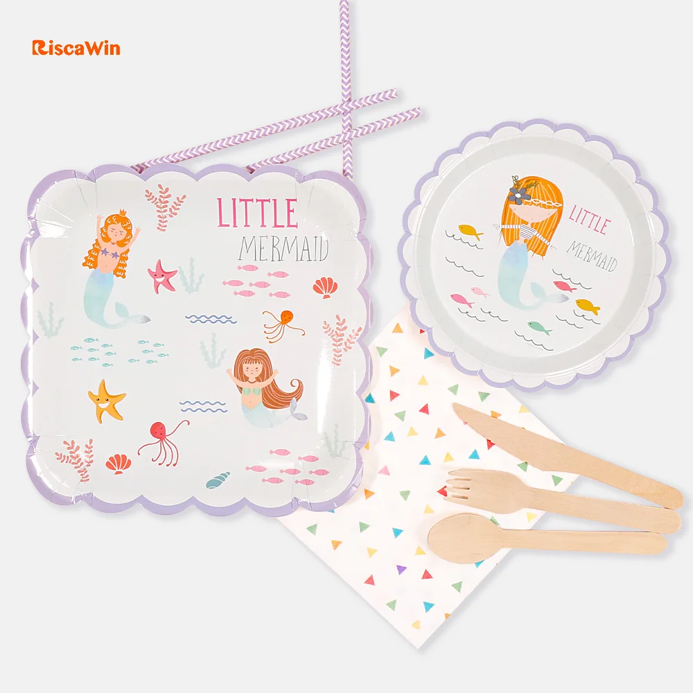 

Riscawin Mermaid Disposable Tableware Birthday Party Paper Plates Cups Decoration For 10 Packs Baby Shower Supplies For Kids