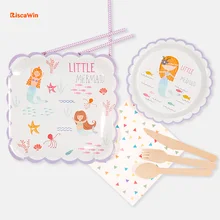 Riscawin Mermaid Disposable Tableware Birthday Party Paper Plates Cups Decoration For 10 Packs Baby Shower Supplies For Kids
