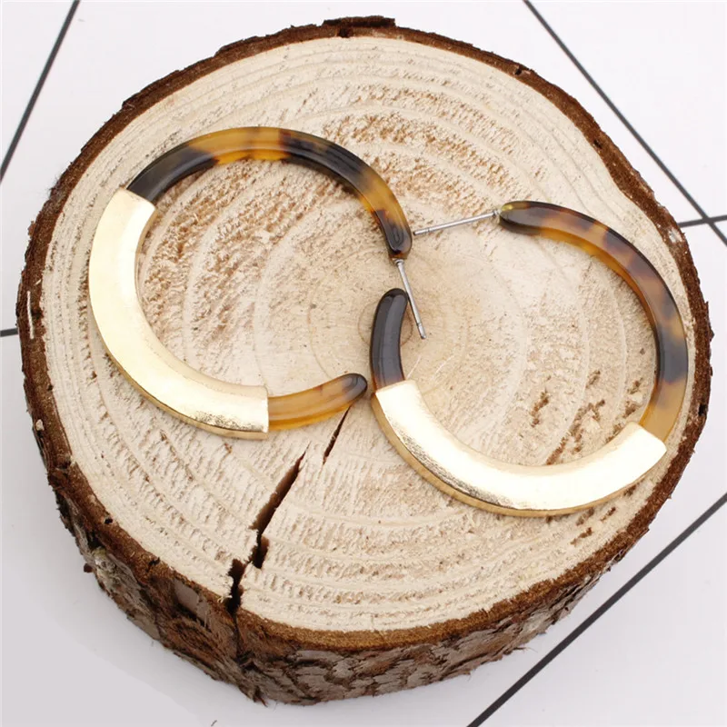 

Simple 4 Style Acetate Acrylic alloy Earrings Worn Gold Plating Leopard Tortoise Shell Circle Disc Earrings with Metal Bar