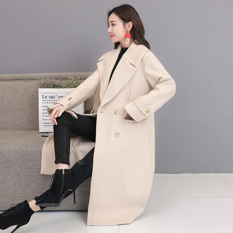 

Fashion Double Breasted Long Winter Fashion Wool Coats Solid Pockets Wool Blend Coat and Jacket Turn-down Collar Coat Femenino