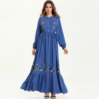 

Middle East Muslim summer robes women's Dubai belt pleated embroidery fashion loose popular conservative dress
