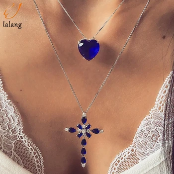 

Multilayer Blue Crystal Heart Cross Pendant Necklace For Women Fashion Rhinestone Ocean Jewelry Choker Valentine's Day