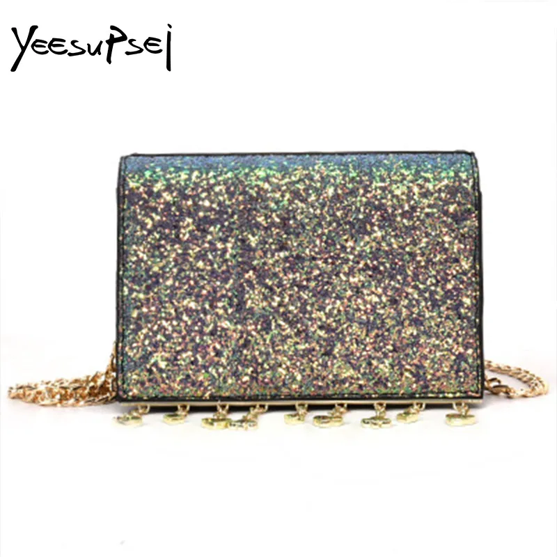 YeeSupSei Для женщин мини цепи мешок сумка с блестками металлические украшения сумка через плечо с застежкой женские высокой емкости Сумки для