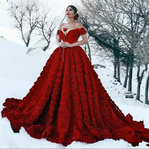 Doragrace Gorgeous Dark Red 3D Flowers Wedding Dresses Off Shoulder ...