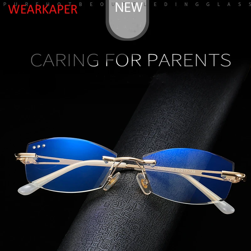 

WEARKAPER Anti Blue Light Reading Glasses Women Diamond Cutting Rimless Glasses High Clear Women's Readers Presbyopic Eye Glasse